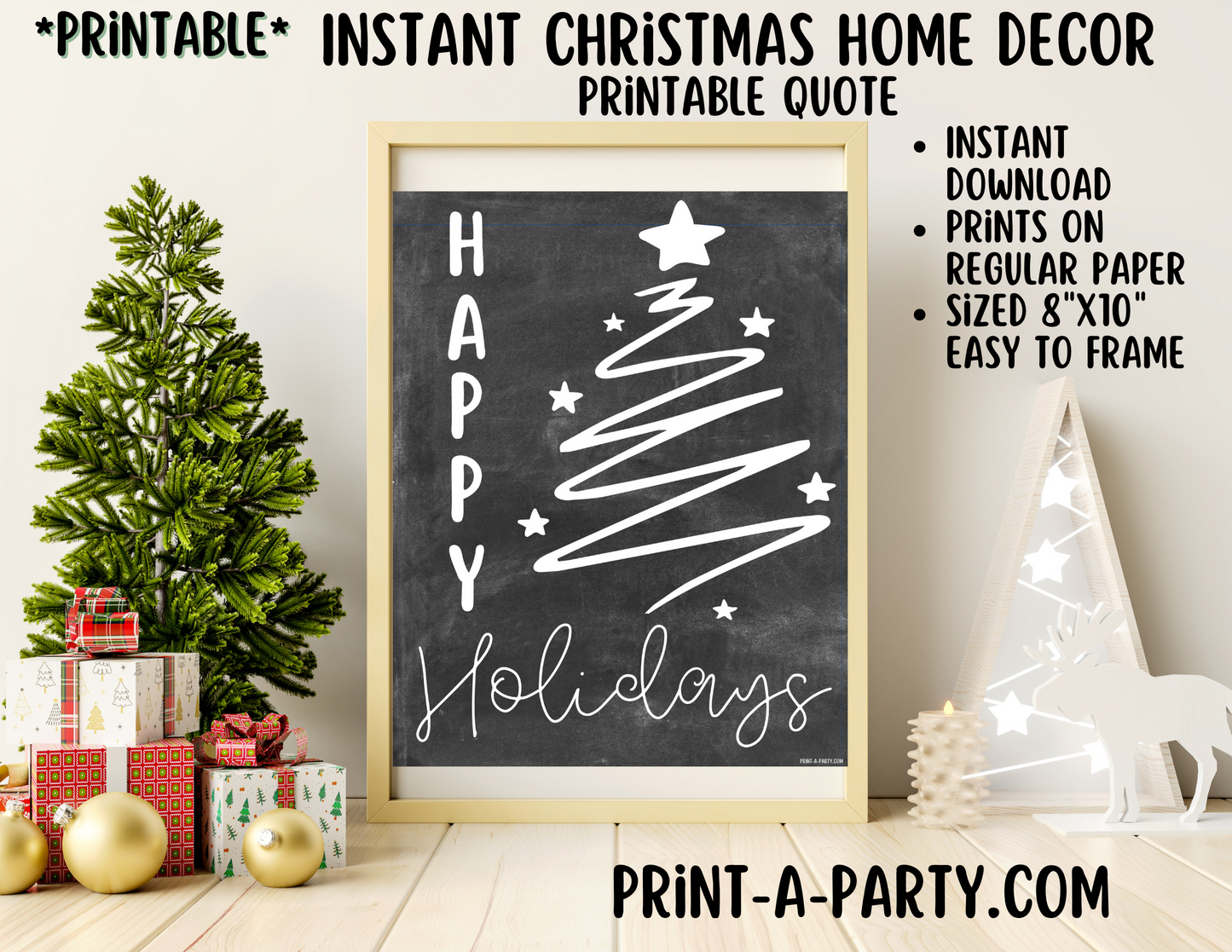 PRINTABLE HOME DECOR | Instant Christmas Holiday Decor | Happy Holidays - Chalkboard | Holiday Home Decor Idea