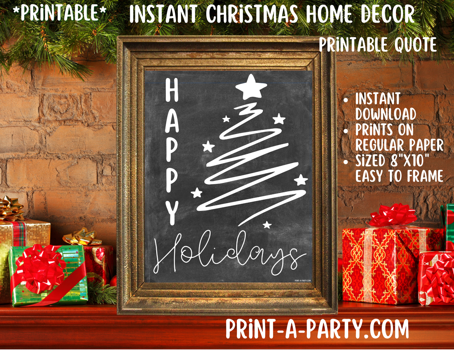 PRINTABLE HOME DECOR | Instant Christmas Holiday Decor | Happy Holidays - Chalkboard | Holiday Home Decor Idea