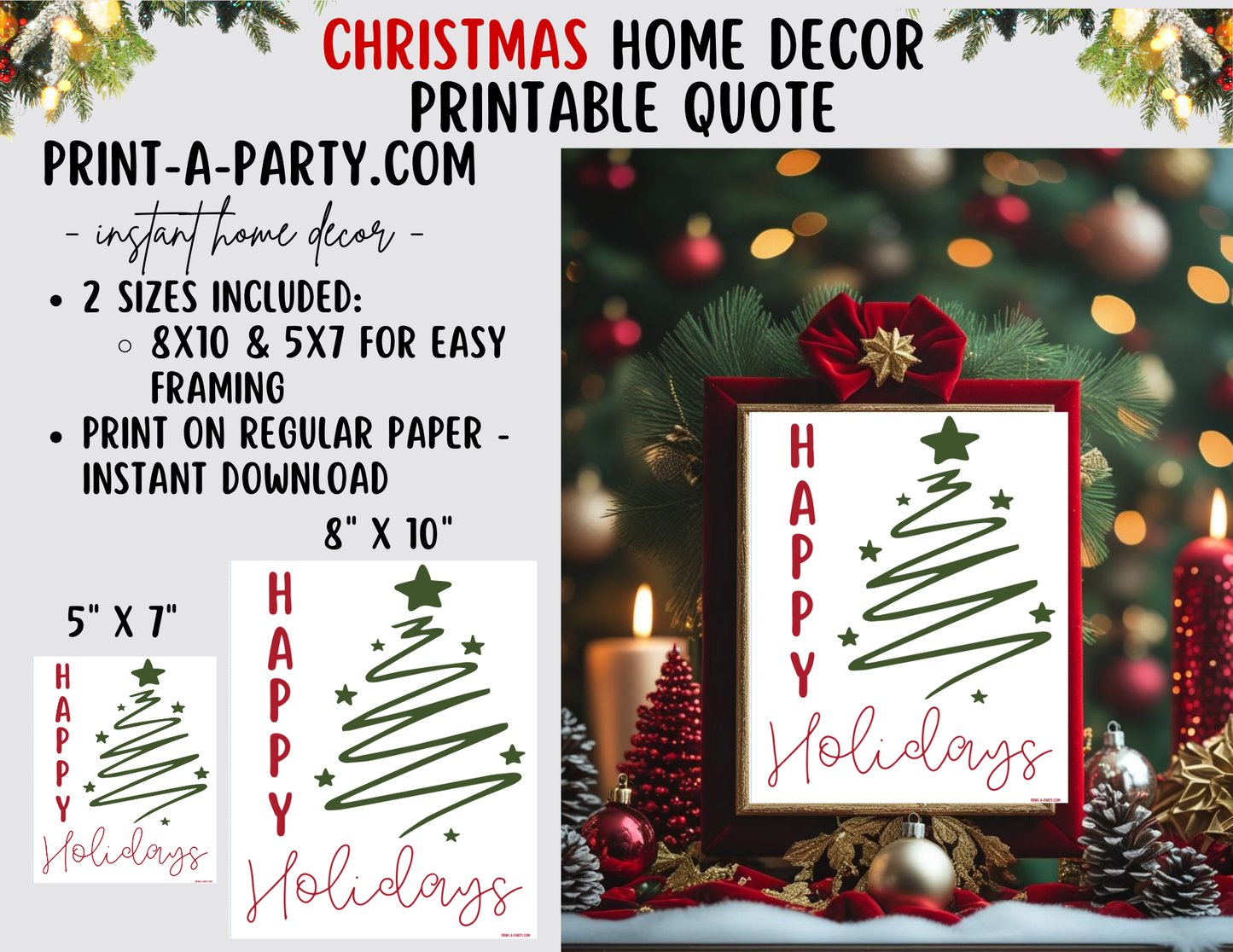 HAPPY HOLIDAYS Printable Sign white | Holiday Wall Art | Christmas Quote Word Art | 8x10 and 5x7 Instant Download