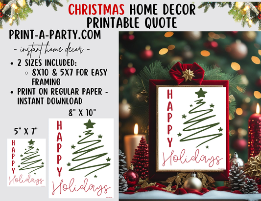 HAPPY HOLIDAYS Printable Sign white | Holiday Wall Art | Christmas Quote Word Art | 8x10 and 5x7 Instant Download