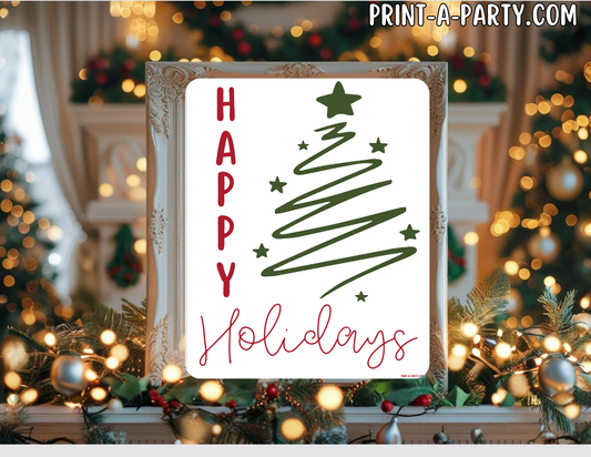 HAPPY HOLIDAYS Printable Sign white | Holiday Wall Art | Christmas Quote Word Art | 8x10 and 5x7 Instant Download