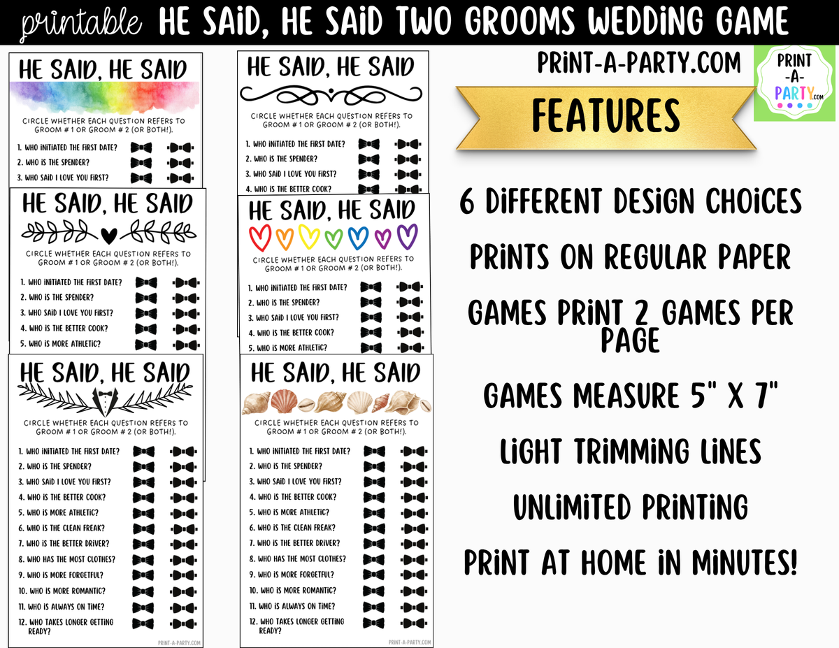 He Said, He Said Gay Bridal Shower Game Printable