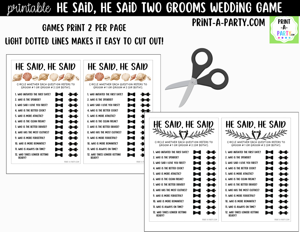 He Said, He Said Gay Bridal Shower Game Printable