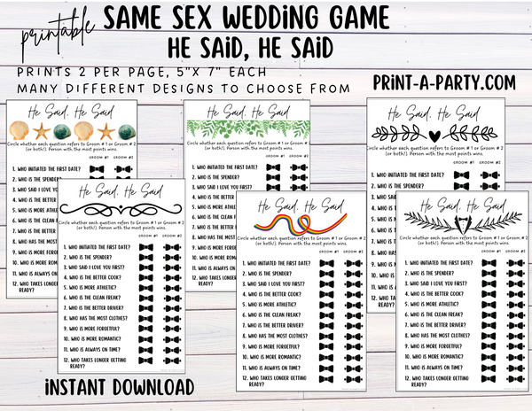 HE SAID, HE SAID: Same Sex Wedding Shower Game LGBTQ+ | Printable Same Sex Wedding Games  | Instant Download