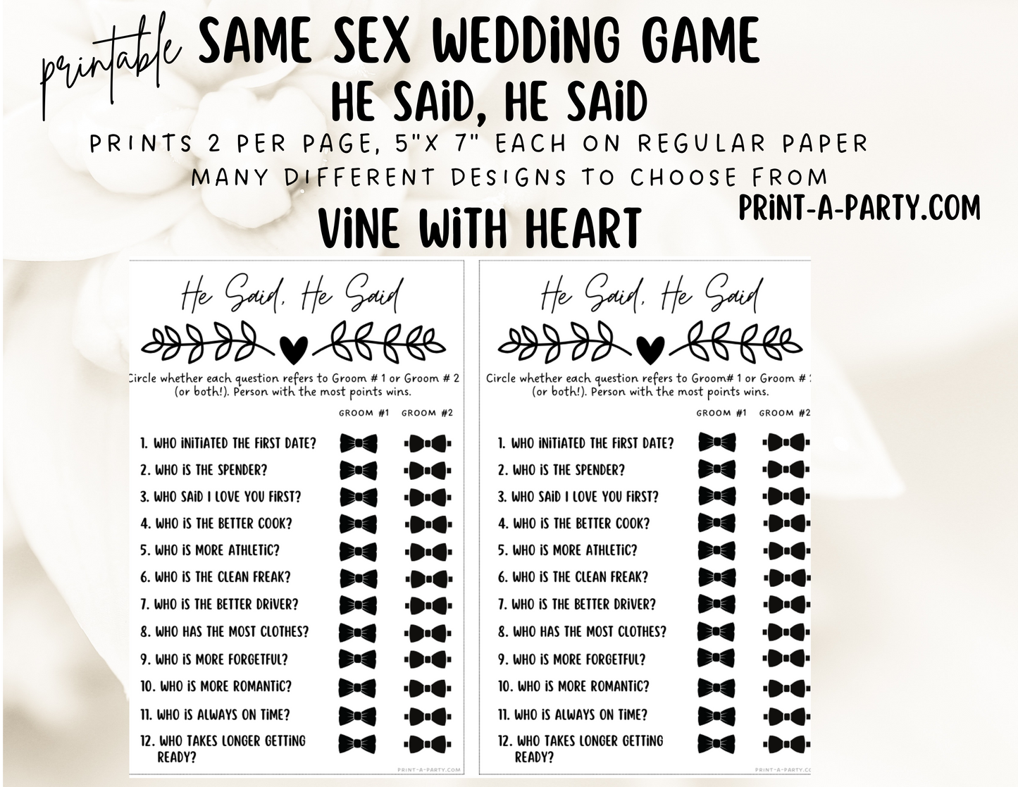 HE SAID, HE SAID: Same Sex Wedding Shower Game LGBTQ+ | Printable Same Sex Wedding Games  | Instant Download