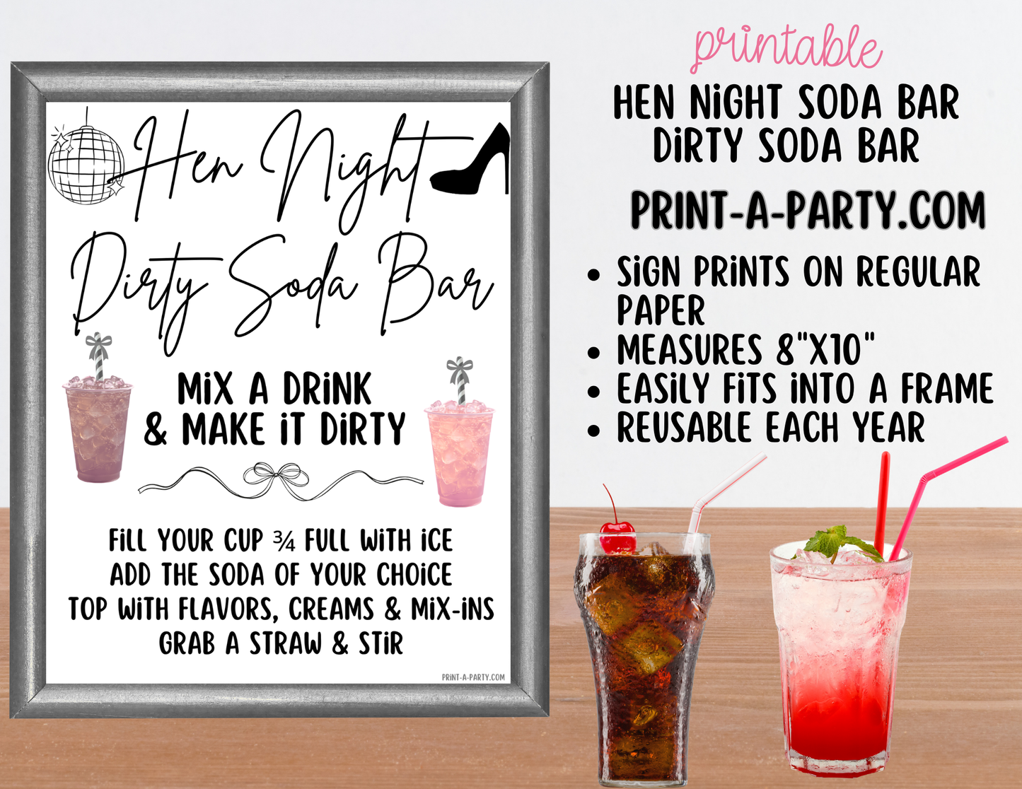 SODA BAR - Printable Hen Night "Dirty" Soda Bar Kit - Cheeky Sign & Recipe Tent Cards (12 recipes!) for Hen Parties, Girls Night, Bachelorette