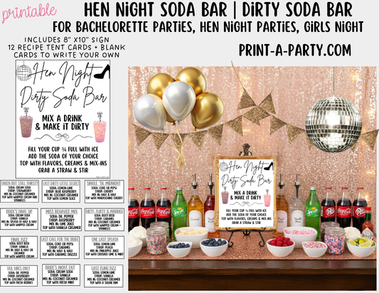 SODA BAR - Printable Hen Night "Dirty" Soda Bar Kit - Cheeky Sign & Recipe Tent Cards (12 recipes!) for Hen Parties, Girls Night, Bachelorette