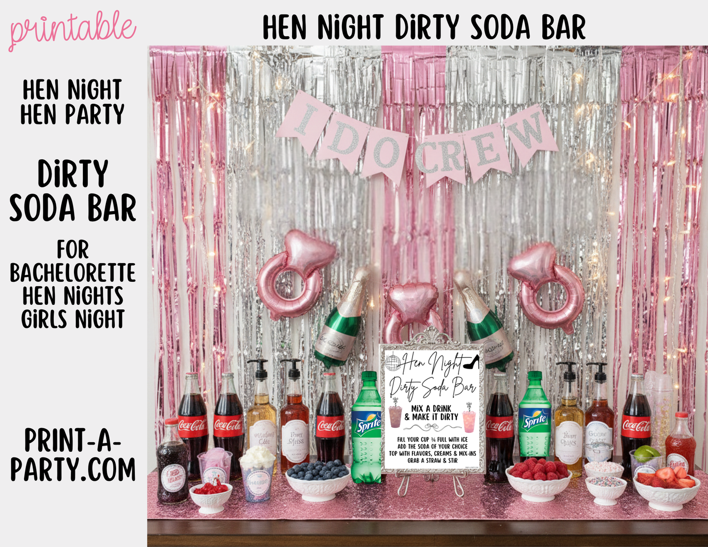SODA BAR - Printable Hen Night "Dirty" Soda Bar Kit - Cheeky Sign & Recipe Tent Cards (12 recipes!) for Hen Parties, Girls Night, Bachelorette