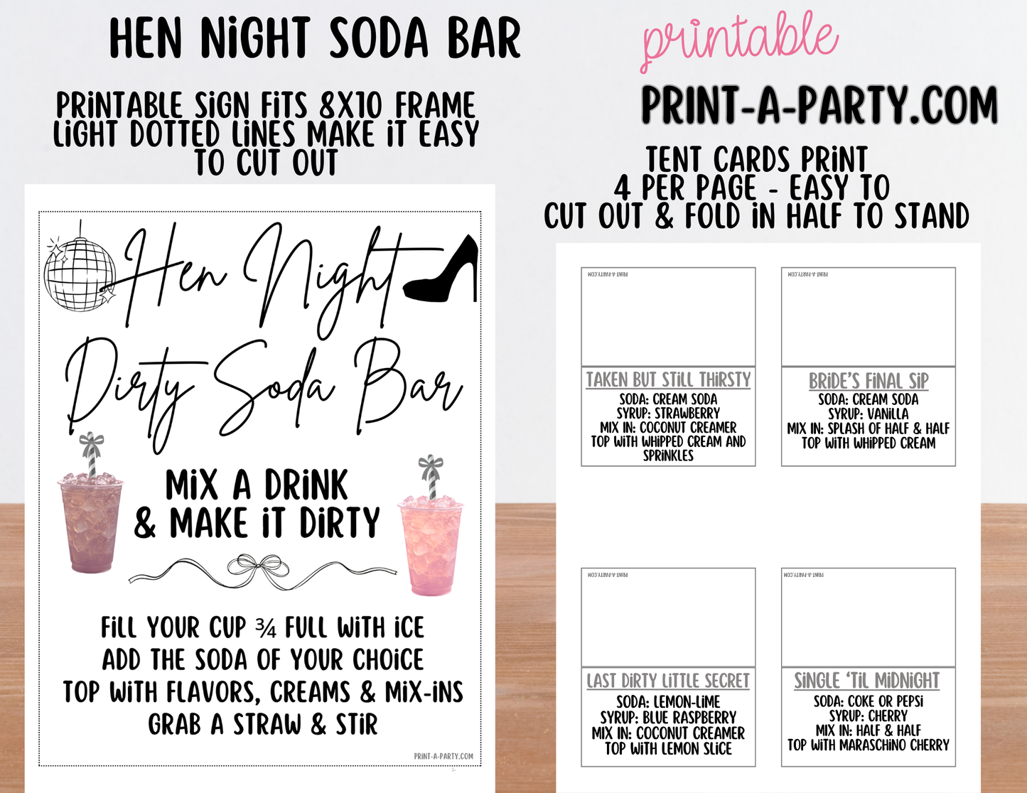 SODA BAR - Printable Hen Night "Dirty" Soda Bar Kit - Cheeky Sign & Recipe Tent Cards (12 recipes!) for Hen Parties, Girls Night, Bachelorette