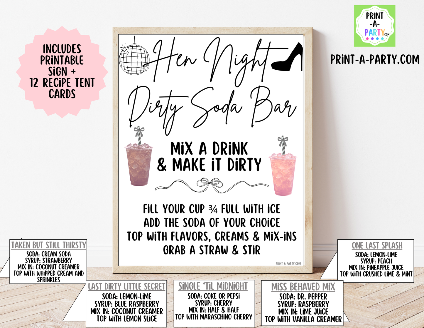 SODA BAR - Printable Hen Night "Dirty" Soda Bar Kit - Cheeky Sign & Recipe Tent Cards (12 recipes!) for Hen Parties, Girls Night, Bachelorette