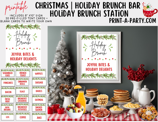 CHRISTMAS HOLIDAY BRUNCH BAR | BRUNCH STATION | Christmas Morning Brunch Buffet Set up - Sign & Tent Cards | Holiday Party Idea