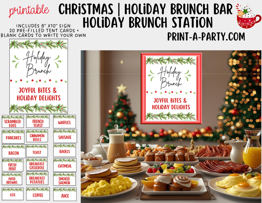 Christmas Brunch Bar Sign & Food Tent Cards | Printable Holiday Breakfast Decorations | 8x10 Sign + Printable Buffet Labels