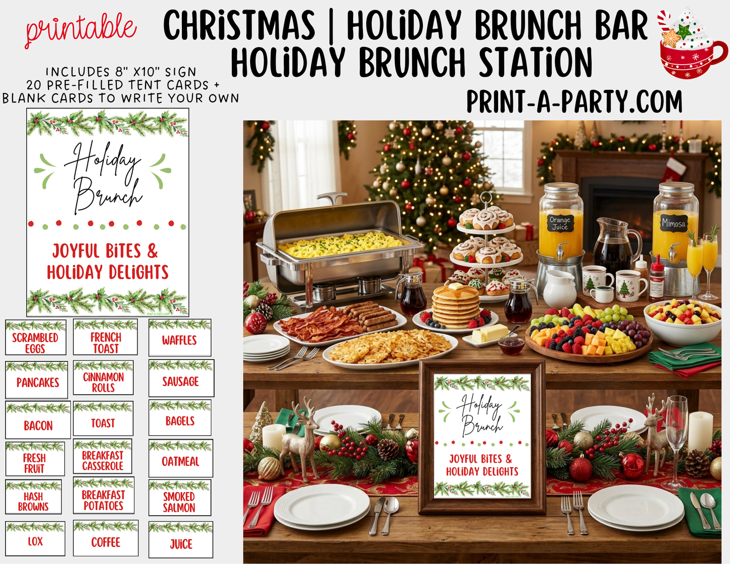 Christmas Brunch Bar Sign (8x10) & Food Tent Cards Printable Holiday Buffet Decor