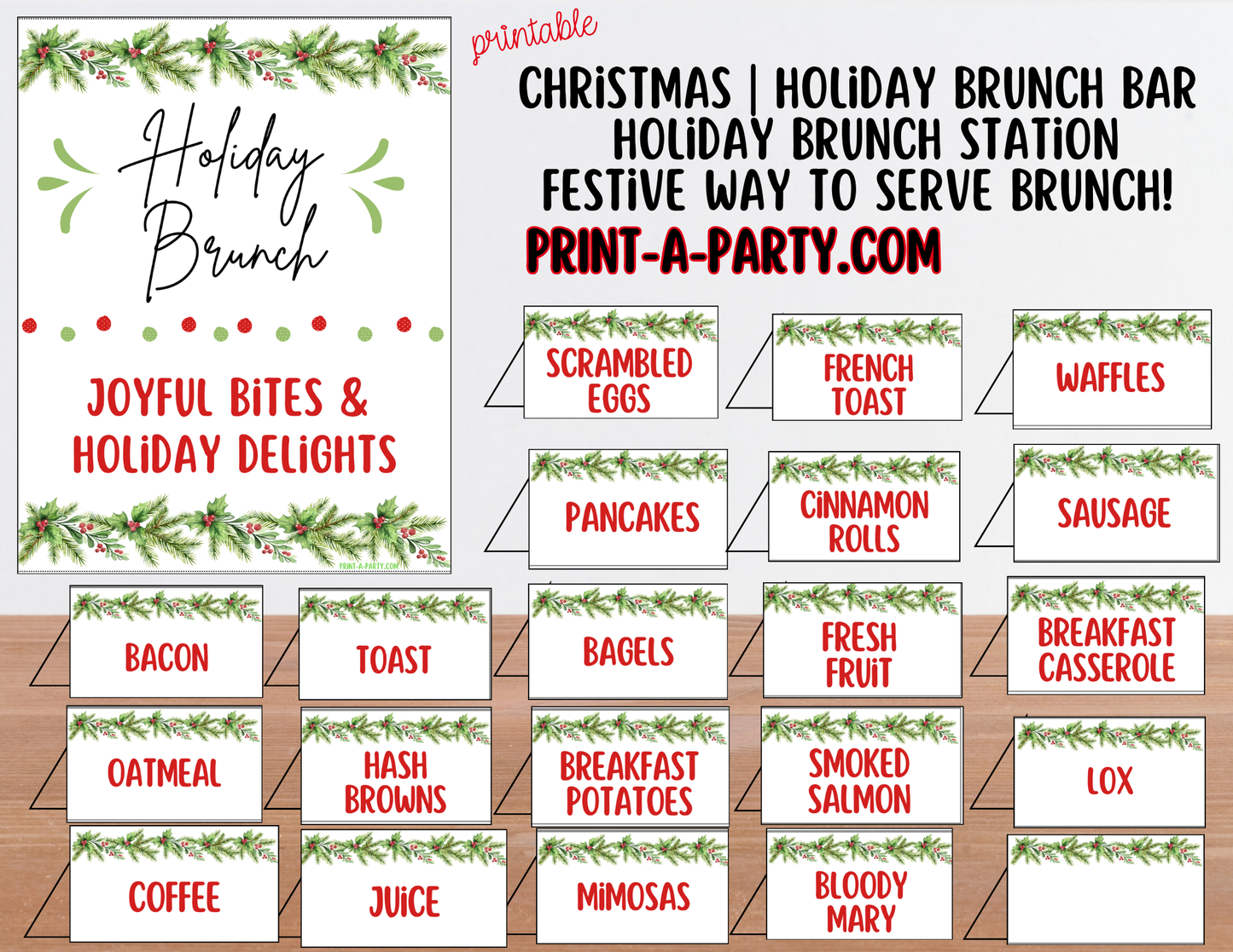 Christmas Brunch Bar Sign (8x10) & Food Tent Cards Printable Holiday Buffet Decor