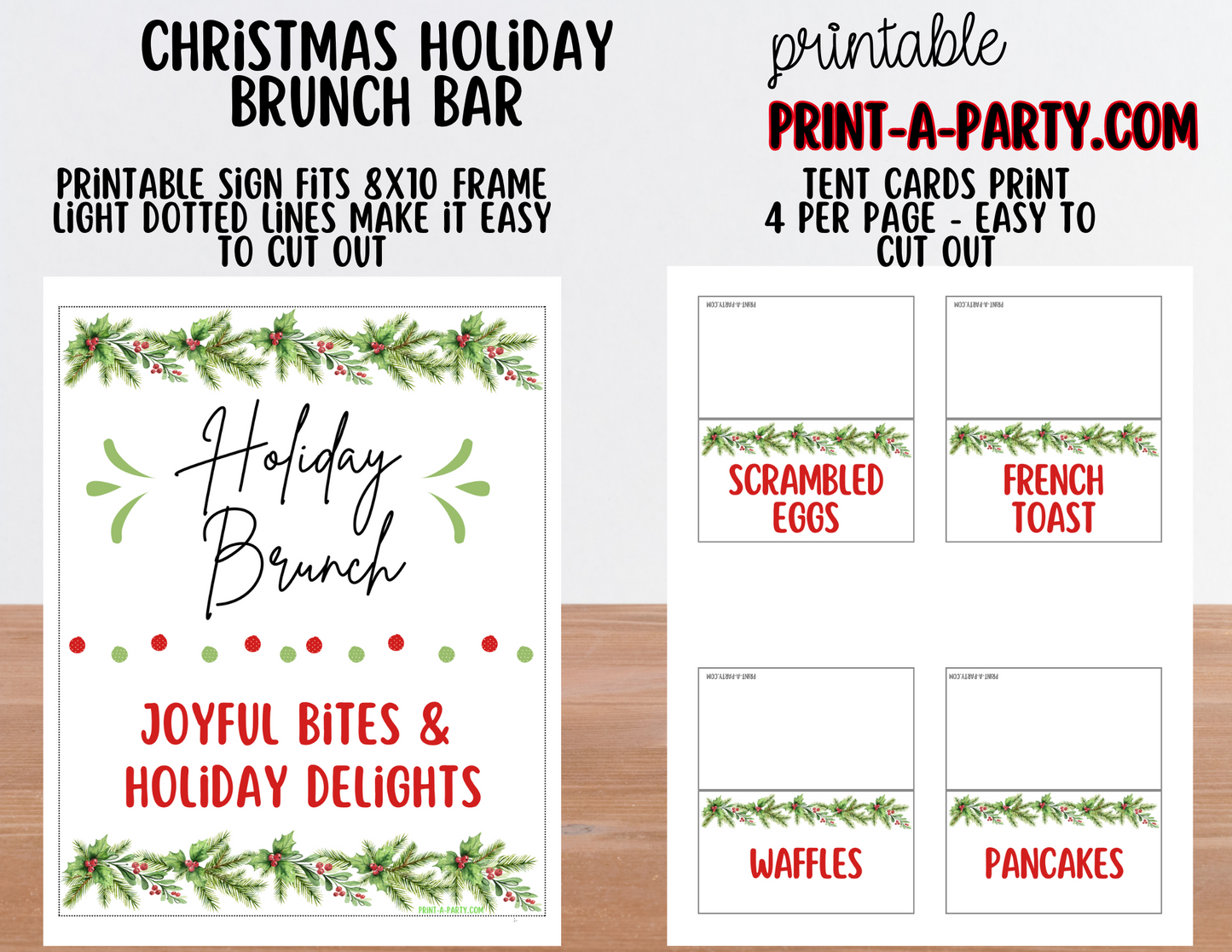 Christmas Brunch Bar Sign & Food Tent Cards | Printable Holiday Breakfast Decorations | 8x10 Sign + Printable Buffet Labels