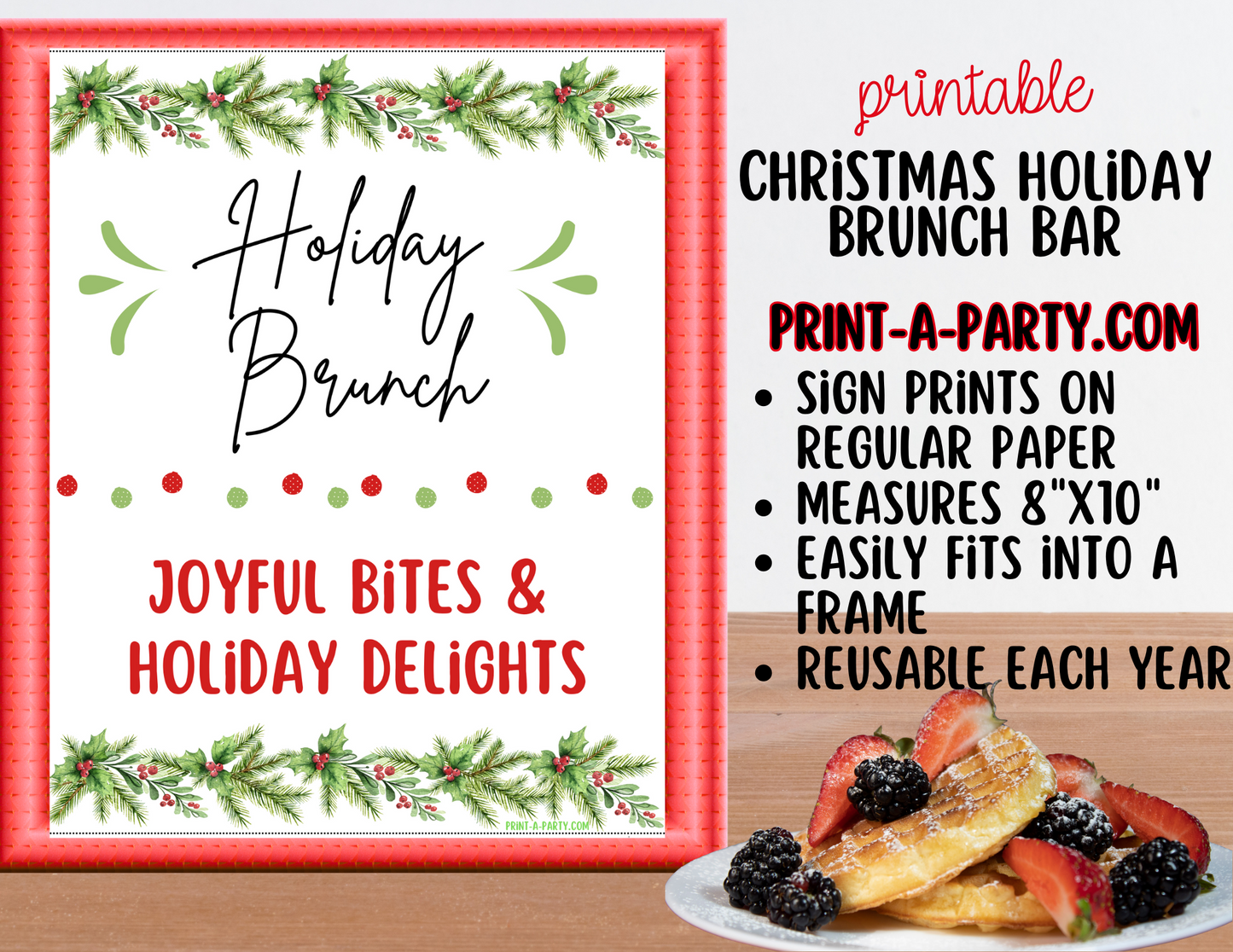 Christmas Brunch Bar Sign & Food Tent Cards | Printable Holiday Breakfast Decorations | 8x10 Sign + Printable Buffet Labels