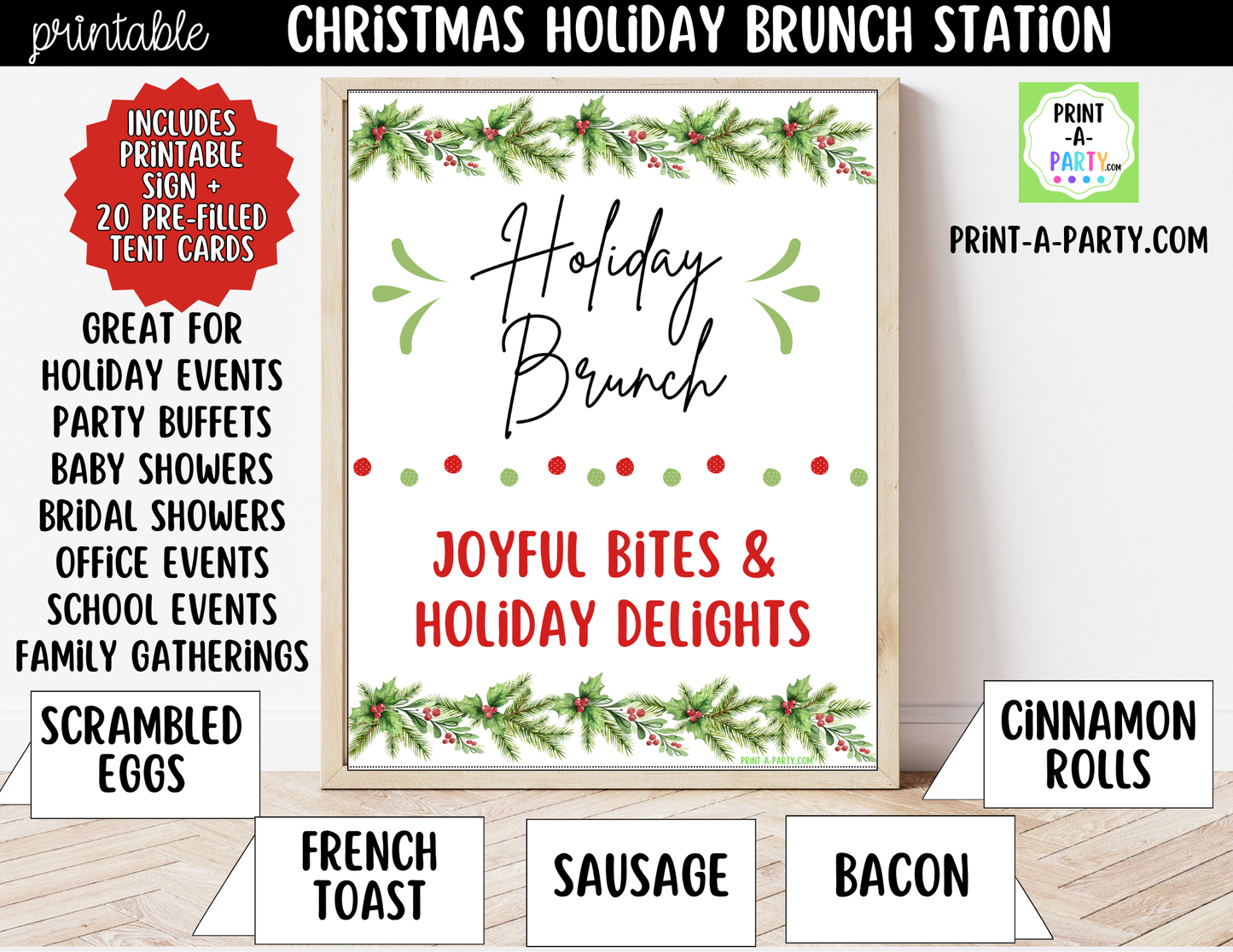 Christmas Brunch Bar Sign (8x10) & Food Tent Cards Printable Holiday Buffet Decor