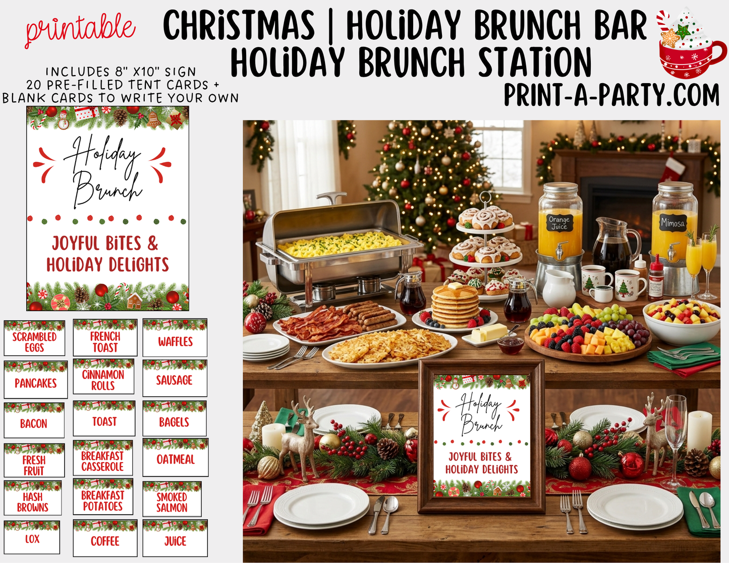 Christmas Brunch Bar Sign (8x10) & Food Tent Cards Printable Holiday Buffet Decor