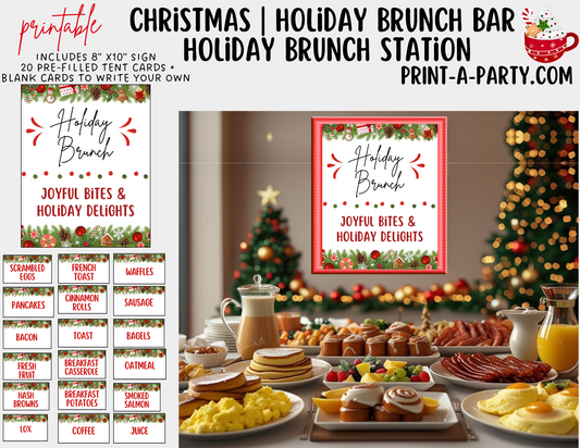 Christmas Brunch Bar Sign & Food Tent Cards | Printable Holiday Breakfast Decorations | 8x10 Sign + Printable Buffet Labels