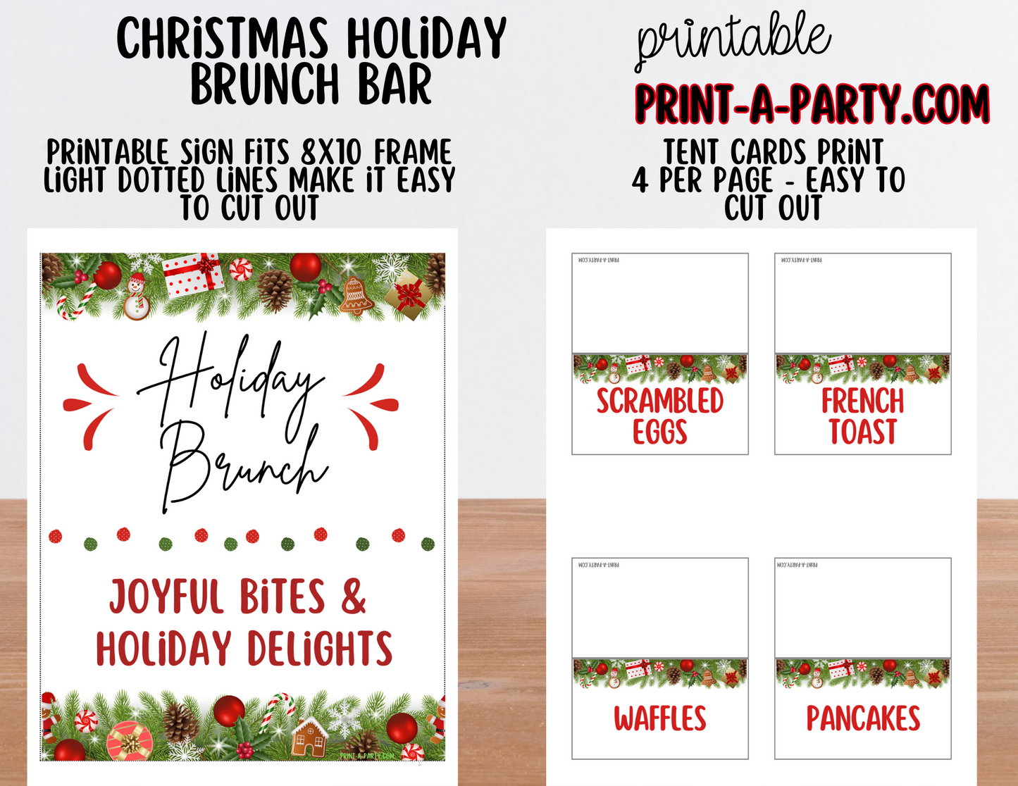 Christmas Brunch Bar Sign & Food Tent Cards | Printable Holiday Breakfast Decorations | 8x10 Sign + Printable Buffet Labels