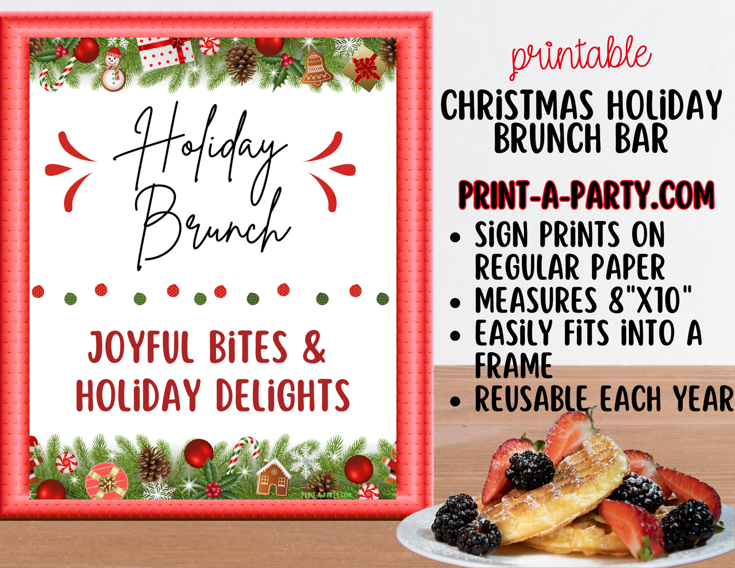 Christmas Brunch Bar Sign & Food Tent Cards | Printable Holiday Breakfast Decorations | 8x10 Sign + Printable Buffet Labels