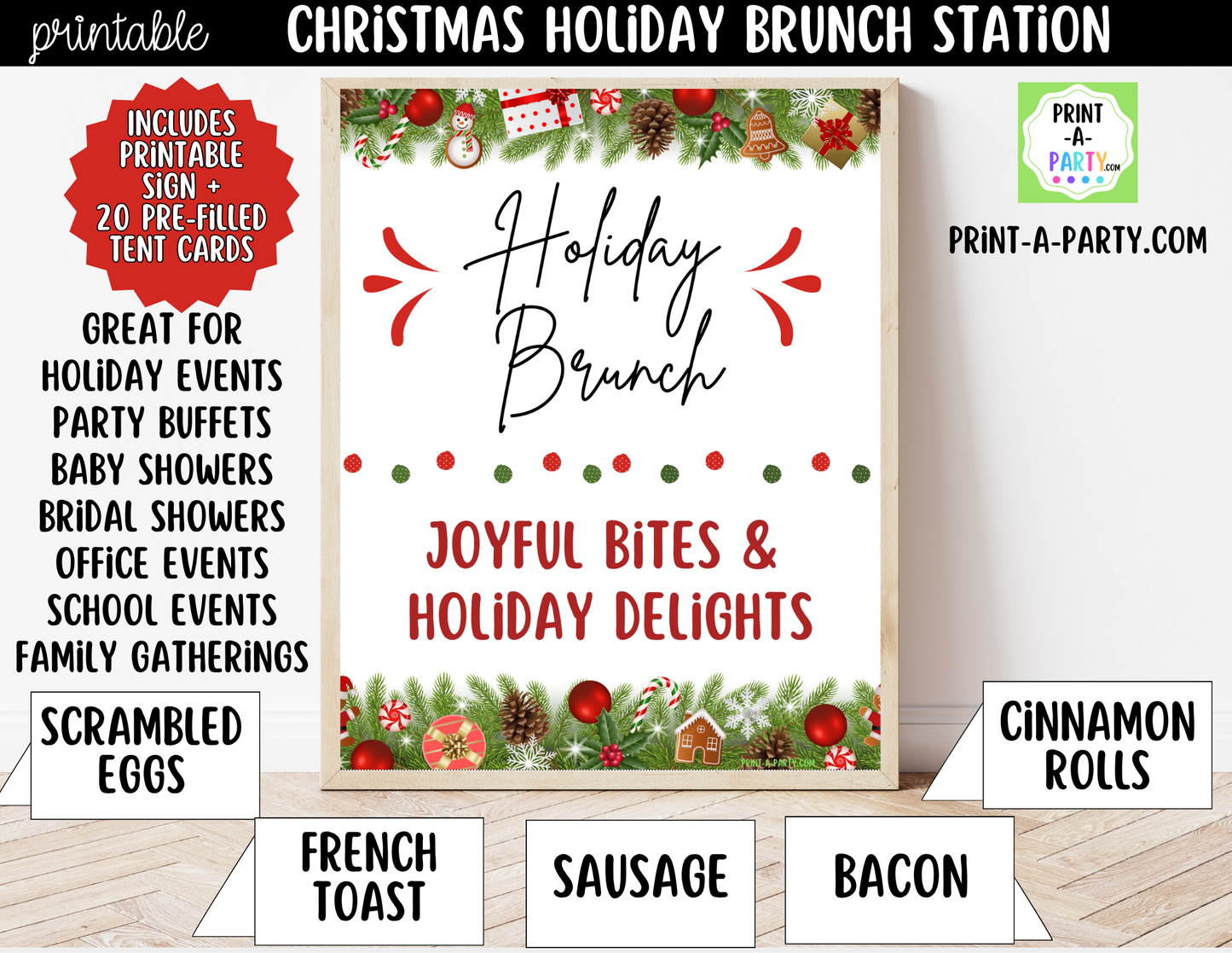 Christmas Brunch Bar Sign (8x10) & Food Tent Cards Printable Holiday Buffet Decor