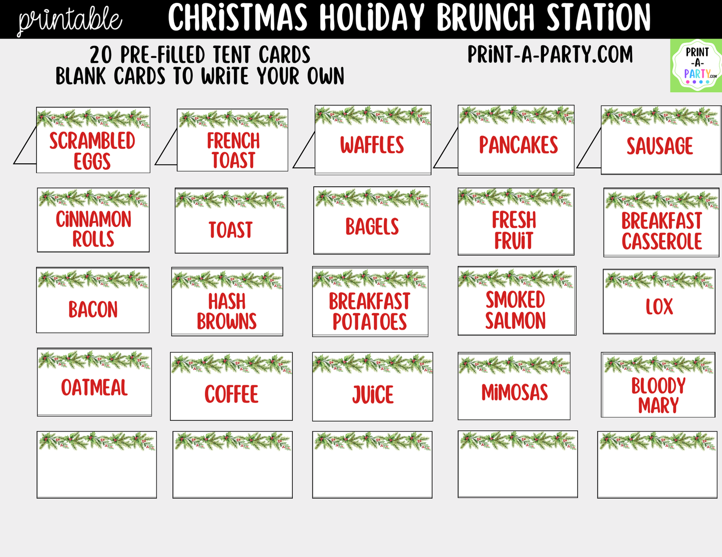 Christmas Brunch Bar Printable Kit | Sign and Food Tent Cards