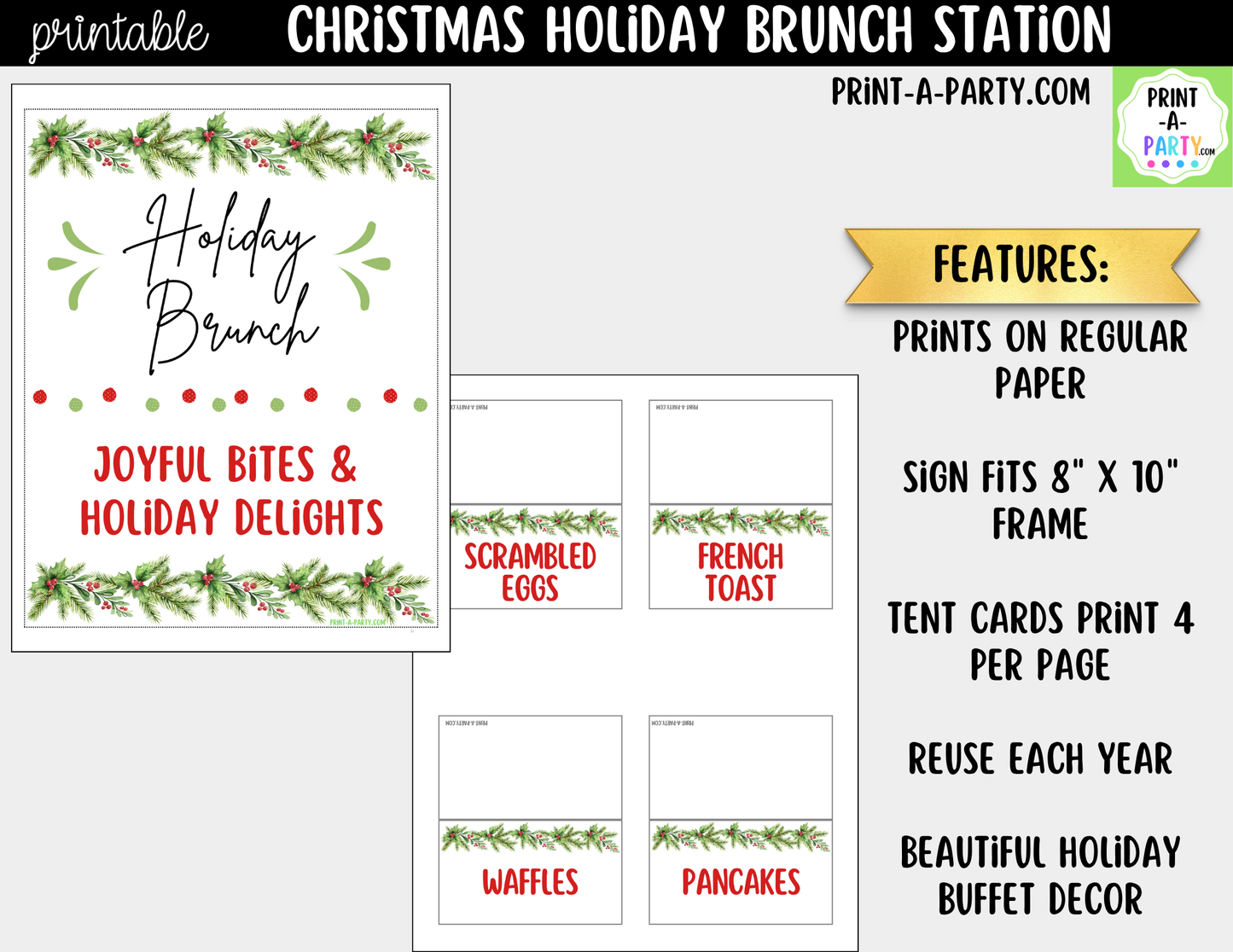 Christmas Brunch Bar Printable Kit | Sign and Food Tent Cards