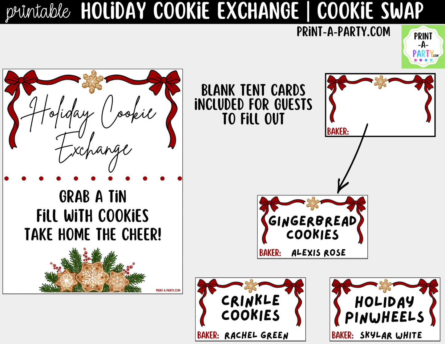 Holiday Cookie Exchange Printable Party Kit | Christmas Cookie Swap Sign (8x10) and Tent Cards | Holiday Dessert Table Decor