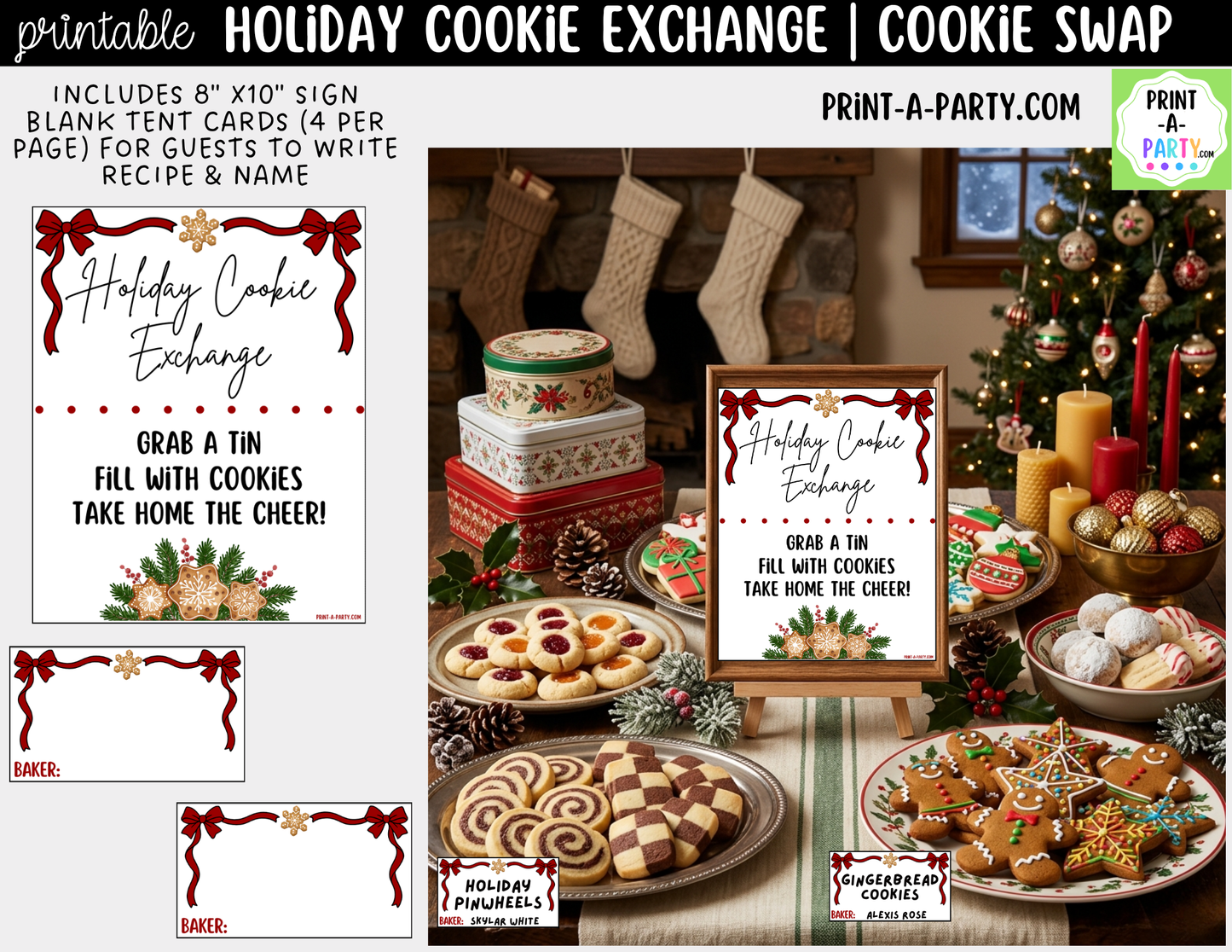 Holiday Cookie Exchange Printable Party Kit | Christmas Cookie Swap Sign (8x10) and Tent Cards | Holiday Dessert Table Decor