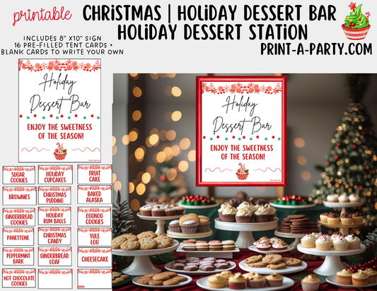 Christmas Holiday Dessert Bar Printable Kit | Dessert Station Sign + Tent Cards | Christmas Party Decorations
