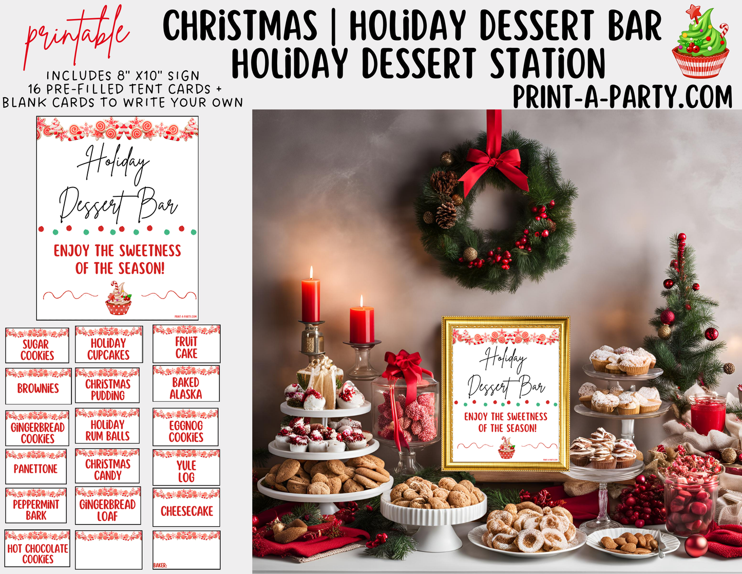 CHRISTMAS HOLIDAY DESSERT BAR | DESSERT STATION | Holiday Dessert Buffet Set up - Sign & Tent Cards | Holiday Party Idea