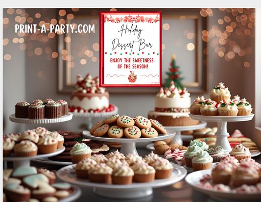 Christmas Holiday Dessert Bar Printable Kit | Dessert Station Sign + Tent Cards | Christmas Party Decorations