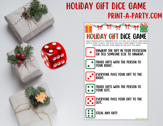 DICE GAME- Printable Holiday Dice Game – Fun Christmas Gift Exchange Party Activity (White Elephant, Secret Santa, Grab Bag)