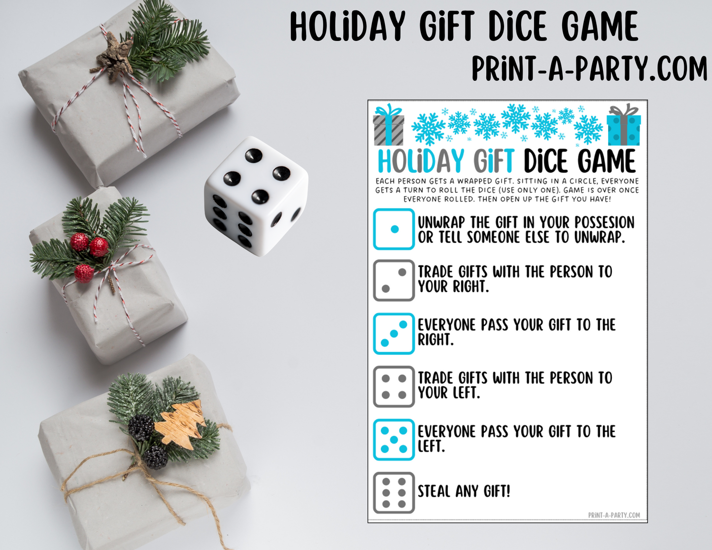 DICE GAME- Printable Holiday Dice Game – Fun Christmas Gift Exchange Party Activity (White Elephant, Secret Santa, Grab Bag)