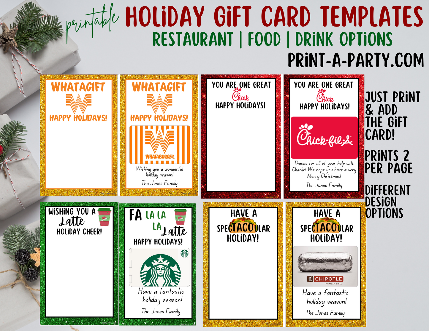 GIFT CARD Holiday Templates | Restaurants | Whataburger | Chik-fil-a | Tacos Mexican Food | Coffee | Stocking Stuffer