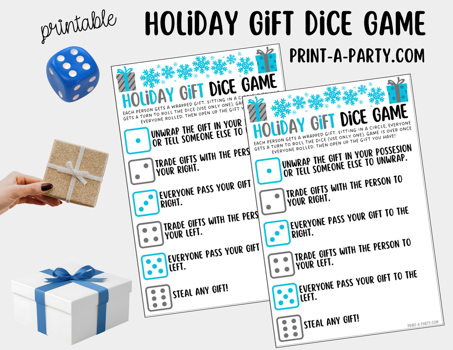 DICE GAME- Printable Holiday Gift Dice Game – Fun Christmas Gift Exchange Party Activity (White Elephant, Secret Santa, Grab Bag)