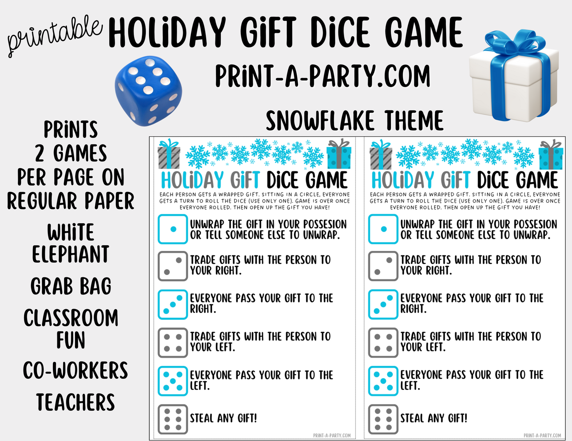 dice-game-printable-holiday-gift-dice-game-fun-christmas-gift-excha-printaparty for Free Printable Christmas Dice Gift Exchange DICE GAME- Printable Holiday Gift Dice Game – Fun Christmas Gift Excha – PrintAParty for Free Printable Christmas Dice Gift Exchange
