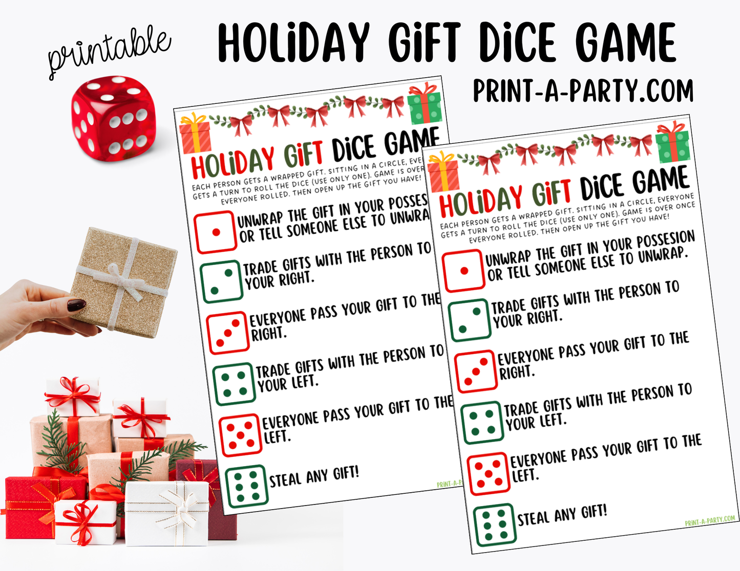 DICE GAME- Printable Holiday Gift Dice Game – Fun Christmas Gift Exchange Party Activity (White Elephant, Secret Santa, Grab Bag)