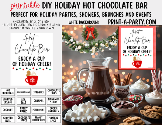 HOT CHOCOLATE BAR - Printable Holiday Hot Cocoa Bar White – Festive DIY Christmas Party Decor and Setup