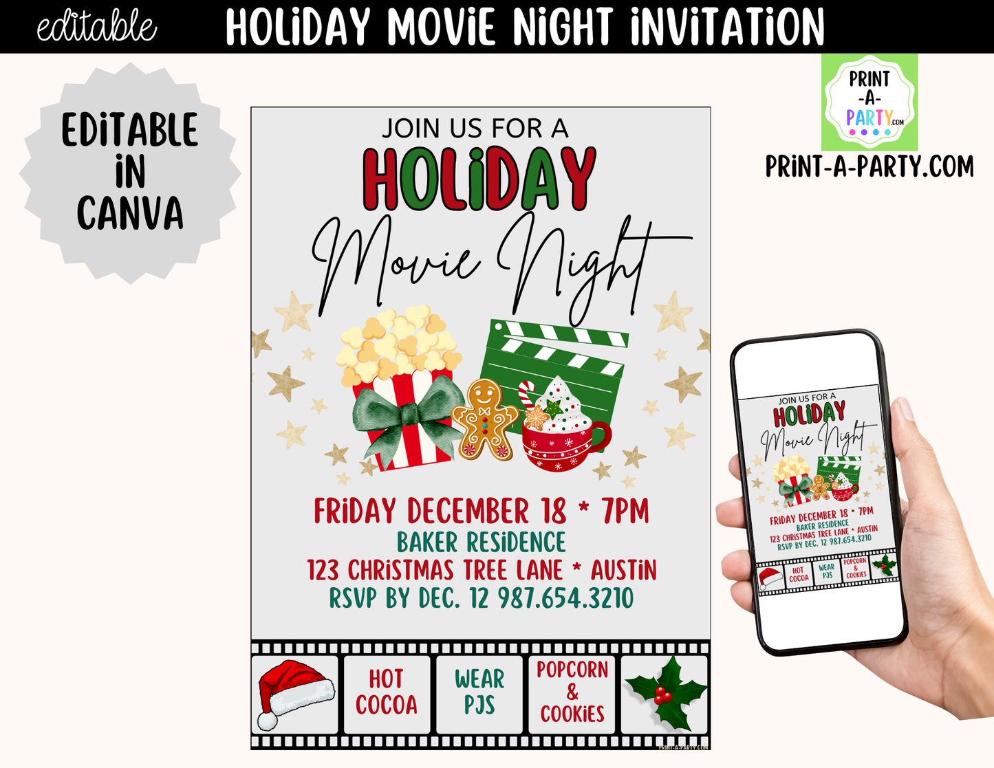 Holiday Movie Night Invitation | Editable Canva Christmas Movie Night Invite