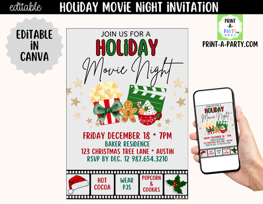 Holiday Movie Night Invitation | Editable Canva Christmas Movie Night Invite