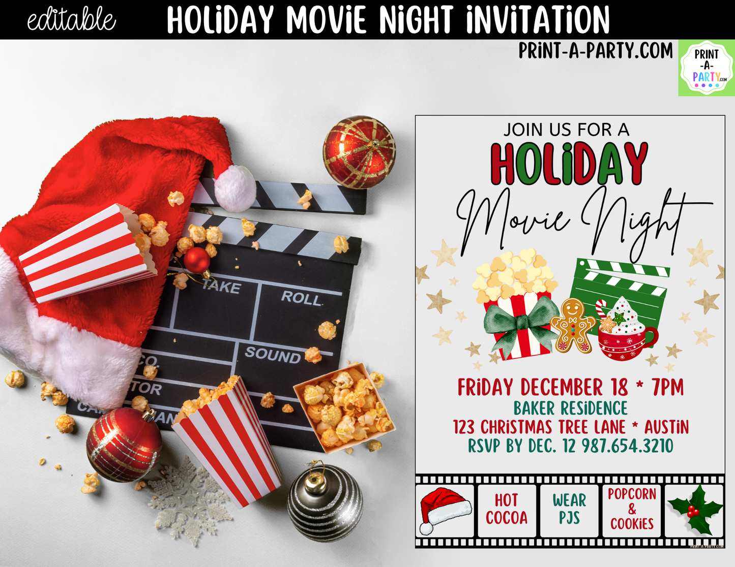 Holiday Movie Night Invitation | Editable Canva Christmas Movie Night Invite