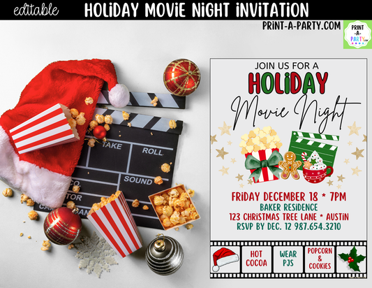 Holiday Movie Night Invitation | Editable Canva Christmas Movie Night Invite