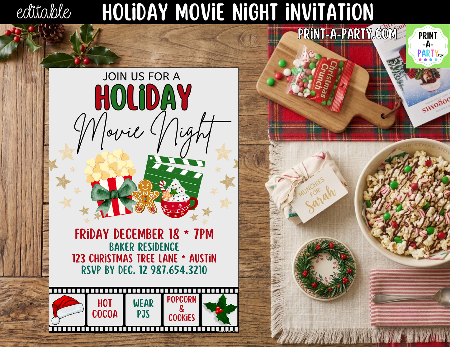 Holiday Movie Night Invitation | Editable Canva Christmas Movie Night Invite