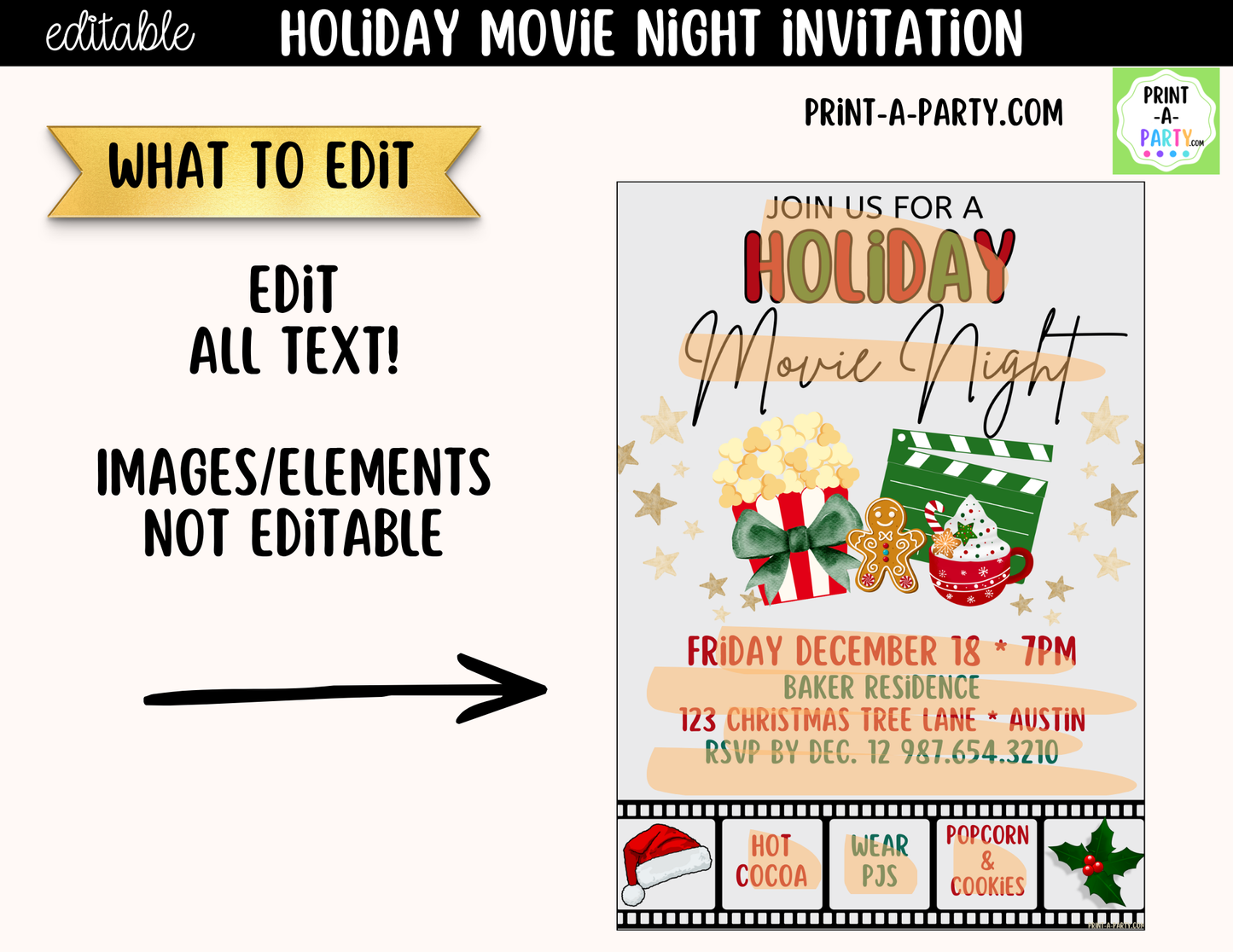 Holiday Movie Night Invitation | Editable Canva Christmas Movie Night Invite
