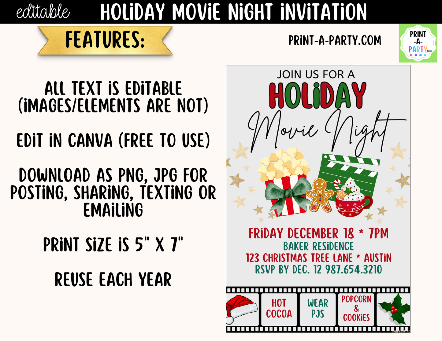 Holiday Movie Night Invitation | Editable Canva Christmas Movie Night Invite