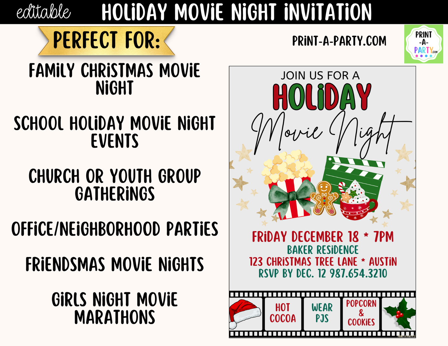 Holiday Movie Night Invitation | Editable Canva Christmas Movie Night Invite