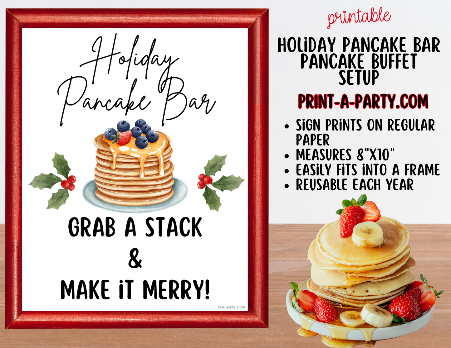 Pancake Bar Sign (8x10) + Topping Tent Cards - Printable Christmas Holiday Brunch Buffet Decor