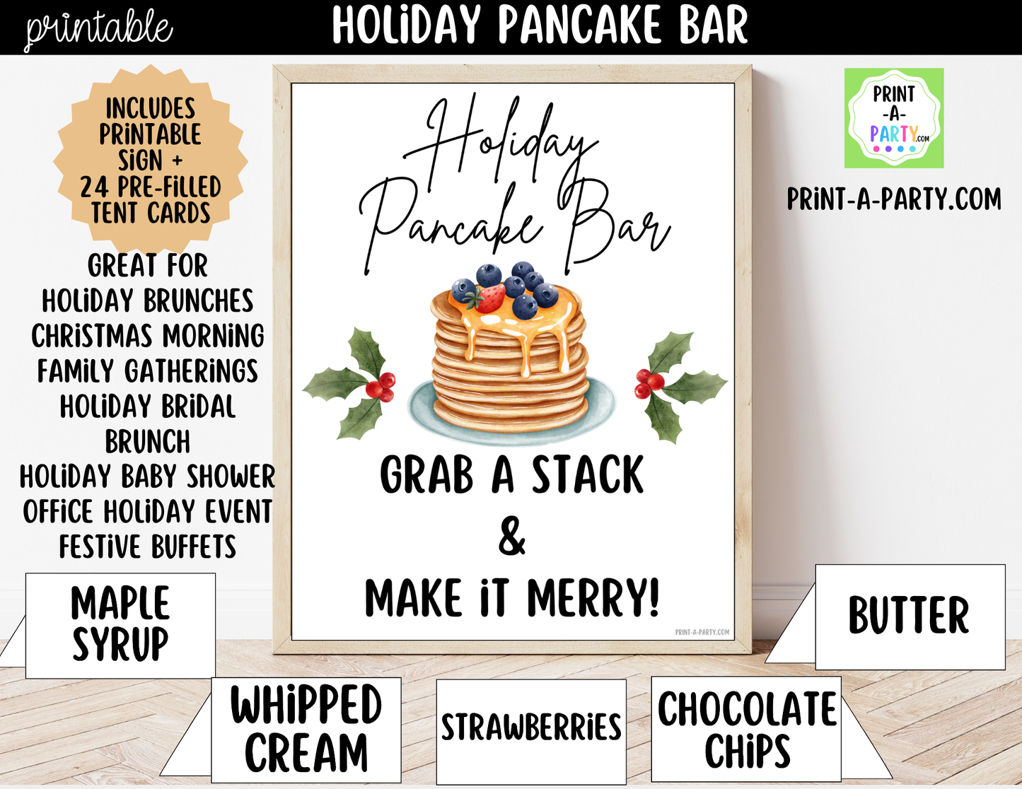 Pancake Bar Sign (8x10) + Topping Tent Cards - Printable Christmas Holiday Brunch Buffet Decor